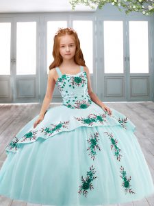 Satin and Tulle Straps Sleeveless Sweep Train Lace Up Embroidery Girls Pageant Dresses in Light Blue