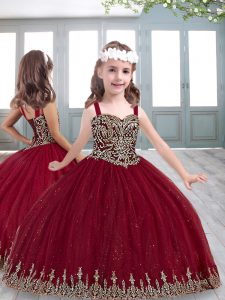 Pretty Beading Little Girls Pageant Dress Wine Red Lace Up Sleeveless Floor Length