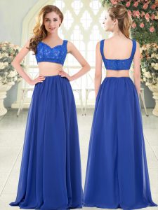 Exceptional Straps Sleeveless Prom Evening Gown Floor Length Beading and Lace Royal Blue Chiffon