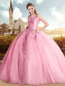 Pink Lace Up Quinceanera Dresses Beading and Lace Sleeveless Sweep Train