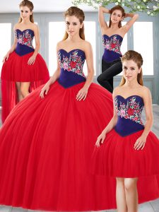 Red Lace Up Quinceanera Dress Embroidery Sleeveless