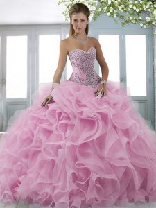 Modern Lilac Ball Gowns Beading Sweet 16 Dress Lace Up Organza Sleeveless