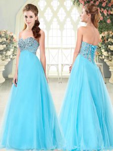 Latest Aqua Blue Lace Up Dress for Prom Beading Sleeveless Floor Length