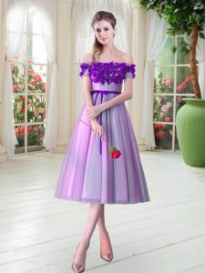 Lilac Lace Up Off The Shoulder Appliques Prom Dress Tulle Sleeveless