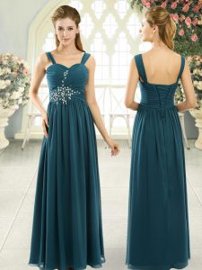 Floor Length Teal Dress for Prom Chiffon Sleeveless Beading and Ruching