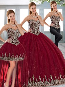 Floor Length Wine Red 15 Quinceanera Dress Tulle Sleeveless Beading and Appliques