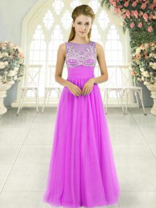Top Selling Lilac Tulle Side Zipper Scoop Sleeveless Floor Length Dress for Prom Beading
