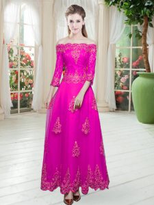 Fuchsia 3 4 Length Sleeve Lace and Appliques Ankle Length Evening Dress