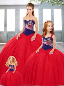 Red Ball Gowns Embroidery Sweet 16 Quinceanera Dress Lace Up Tulle Sleeveless Floor Length