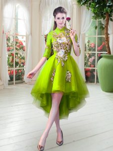 Yellow Green A-line Tulle High-neck Half Sleeves Appliques High Low Zipper