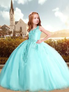 Lovely Aqua Blue and Turquoise Lace Up Kids Formal Wear Beading and Appliques Sleeveless Floor Length