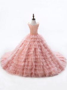 Amazing Scoop Sleeveless Court Train Lace Up Beading and Ruffled Layers Glitz Pageant Dress in Pink