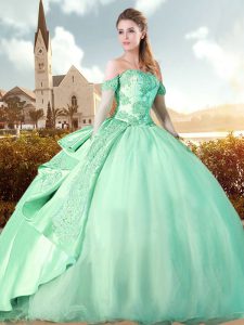 Hot Sale Scoop Sleeveless Sweep Train Lace Up Quince Ball Gowns Apple Green Organza