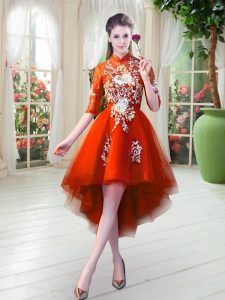 High-neck Half Sleeves Prom Evening Gown High Low Appliques Orange Red Tulle