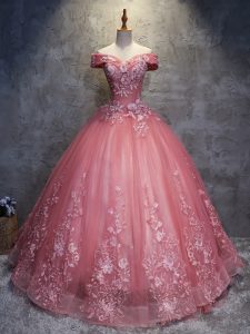 Ball Gowns Quince Ball Gowns Watermelon Red Off The Shoulder Tulle Sleeveless Floor Length Lace Up