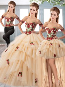 Ideal Sleeveless Appliques Lace Up Quinceanera Dress with Champagne Sweep Train
