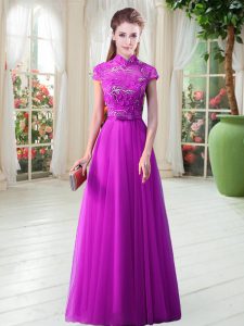 Purple Lace Up High-neck Appliques and Belt Prom Evening Gown Tulle Cap Sleeves