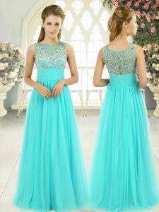 Pretty Aqua Blue Scoop Neckline Beading Dress for Prom Sleeveless Backless