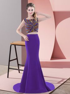 Two Pieces Sleeveless Purple Prom Dress Sweep Train Backless