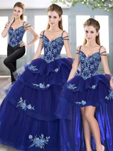 Cheap Spaghetti Straps Sleeveless 15th Birthday Dress Floor Length Embroidery Royal Blue Tulle