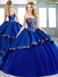 Satin and Tulle Sweetheart Sleeveless Brush Train Lace Up Embroidery Quinceanera Gown in Royal Blue
