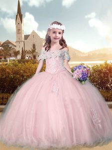 Pink Ball Gowns Off The Shoulder Short Sleeves Tulle Floor Length Lace Up Beading and Appliques High School Pageant Dres