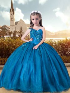 Fashion Floor Length Teal Girls Pageant Dresses One Shoulder Sleeveless Lace Up