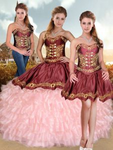 Sweet Pink Sleeveless Floor Length Beading and Embroidery and Ruffles Lace Up Quinceanera Gowns