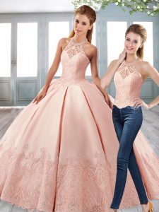 Flare Pink Lace Up Quinceanera Gown Pick Ups Sleeveless