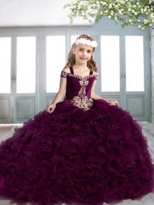 Lace Up Little Girl Pageant Gowns Burgundy for Party and Wedding Party with Beading and Appliques Sweep Train