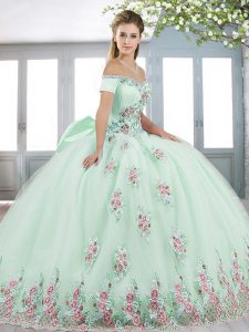 Flare Floor Length Apple Green Quinceanera Dresses Tulle Short Sleeves Beading and Appliques and Bowknot
