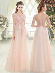 Beading and Lace and Appliques Prom Gown Pink Zipper Sleeveless Floor Length