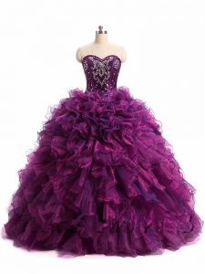 Purple Sleeveless Beading and Ruffles Floor Length Quinceanera Dress