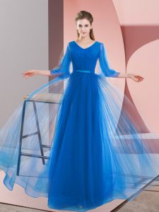 On Sale Floor Length Lace Up Dress for Prom Blue for Prom and Party with Beading