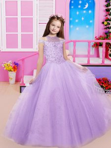 Eye-catching Lavender Off The Shoulder Neckline Beading Little Girl Pageant Gowns Cap Sleeves Lace Up