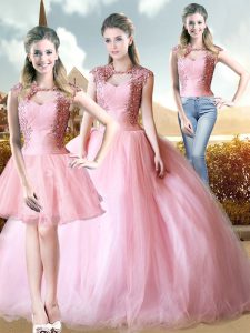 Elegant Cap Sleeves Floor Length Lace Up Quince Ball Gowns in Pink with Beading