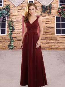 Hot Sale Sleeveless Chiffon Floor Length Backless Wedding Party Dress in Red with Ruching
