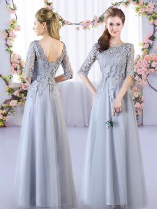 Scoop Half Sleeves Court Dresses for Sweet 16 Floor Length Lace Grey Tulle