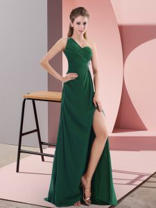 Clearance One Shoulder Sleeveless Sweep Train Backless Prom Gown Green Satin