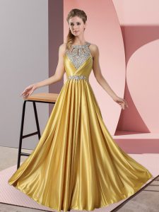 Chic Halter Top Sleeveless Homecoming Dress Floor Length Beading Gold Satin