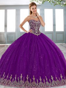 Dazzling Purple Ball Gowns Tulle Sweetheart Sleeveless Beading and Appliques Floor Length Lace Up Sweet 16 Dress