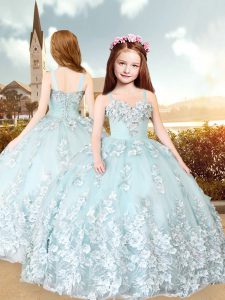 Trendy Tulle Straps Sleeveless Lace Up Hand Made Flower Child Pageant Dress in Baby Blue