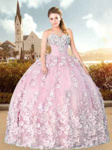 Pink Ball Gowns Appliques Quince Ball Gowns Lace Up Tulle Sleeveless Floor Length