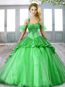 Glittering Green Spaghetti Straps Neckline Beading and Appliques Quinceanera Gown Sleeveless Lace Up