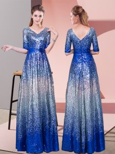Low Price Floor Length Royal Blue Prom Evening Gown Sequined Half Sleeves Ruching