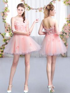 Sumptuous Pink Scoop Neckline Appliques Bridesmaid Dress Half Sleeves Lace Up