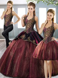 Top Selling Three Pieces 15 Quinceanera Dress Burgundy Halter Top Tulle Sleeveless Floor Length Lace Up