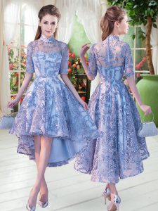 Inexpensive High-neck Half Sleeves Lace Up Prom Dress Blue