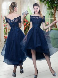 Hot Sale Navy Blue Short Sleeves Lace High Low Dress for Prom