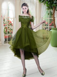 Flare Olive Green Lace Up Off The Shoulder Lace Dress for Prom Tulle Short Sleeves